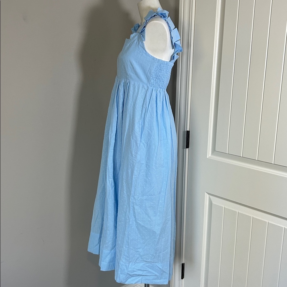 Lake Pajamas Lolly Dress in Morning Blue Swiss Dot Midi Pockets Sz S NEW - Picture 8 of 15